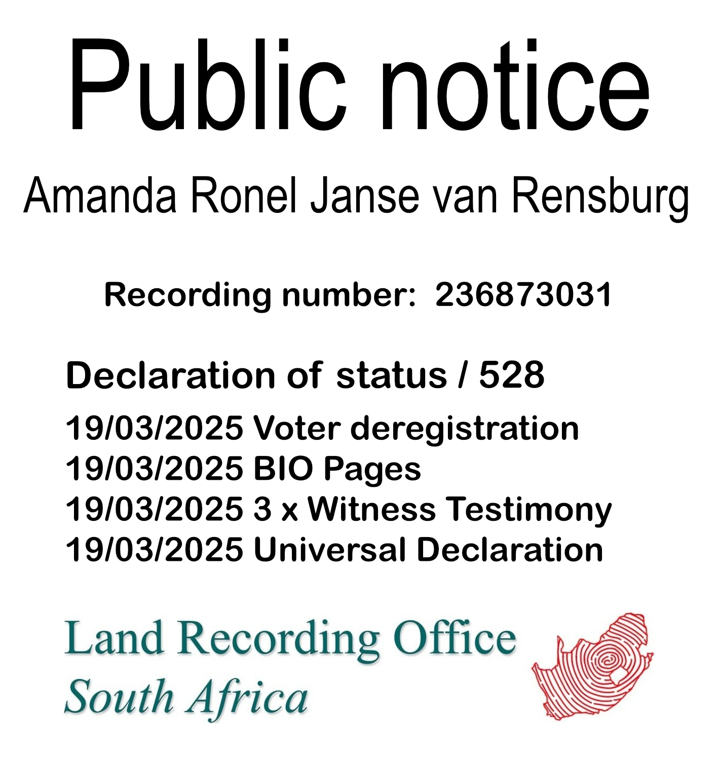 Public Notice Amanda Ronel Janse van Rensburg (c)™ Recording number 236873031